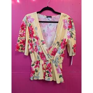 Yellow Linen Rayon Floral Wrap Top NY Invasion Y2K Vintage M